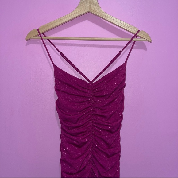Lucy in the Sky Dress Women's Size XS Mauve Pink Glitter Ruched Bodycon Mini - Picture 3 of 11